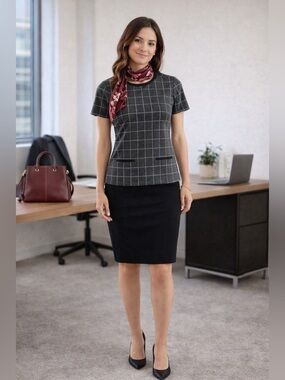 NWT Ann Taylor Factory Faux Leather Trim Windowpane Plaid knit top, S, MSRP $69